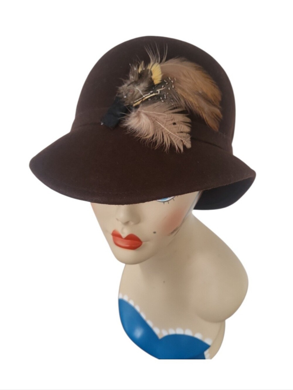 Vintage Magid Chocolate Brown Felt Cloche Hat With Feather Accent Boho ~Flapper